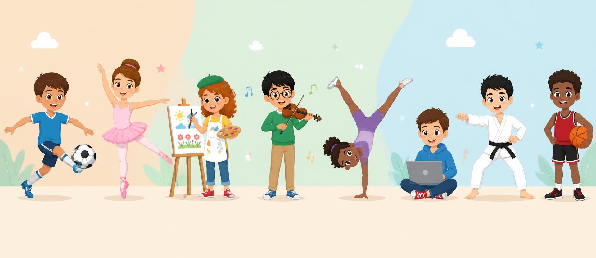 Cartoon illustration of kids doing a cartwheel, playing soccer, painting, playing violin, coding on a laptop, and practicing karate